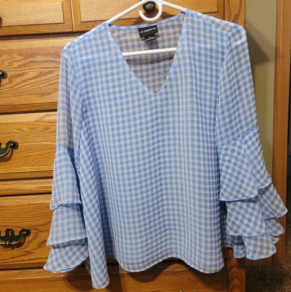 Liz Claiborne Ruffle Sleeve Gingham Blouse